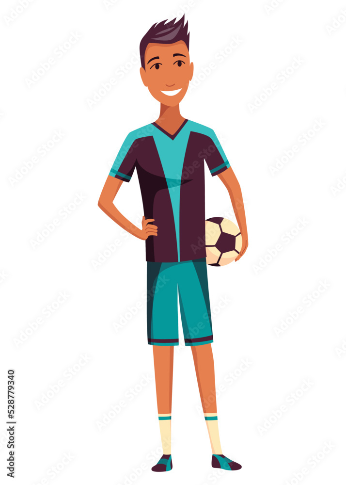 Soccer player, cartoon male football character. Man full length, front view. Isolated flat vector illustration