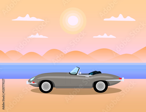 Landscape with summer sunset over mountains and cabriolet car by the sea. Color vector illustration.