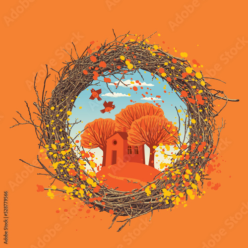 Vector fall banner with wreath of tree branches and fall leaves in retro style. Autumn landscape with a house in the garden. Suitable for flyer, banner, poster