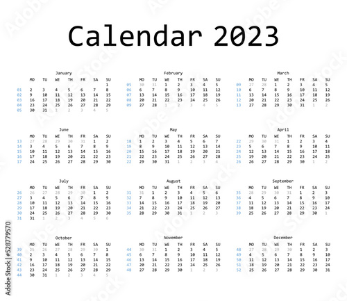 Calendar template for 2023. The week starts on Monday. It shows the day of the week. Vector