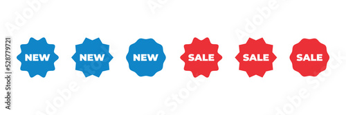 Stickers for new arrival and sale  shop product .Star burst tags .Set of new and sale labels  isolated on white background. Vector illustration . Red and blue sticker.