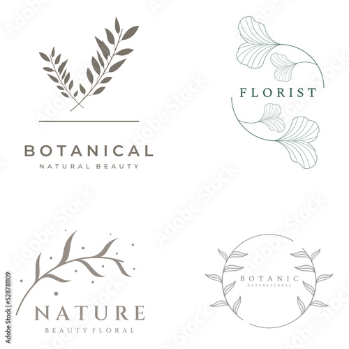 Natural botanical logo organic template vector design with leaves, flowers, stems. With minimalist outline, elegant.Suitable for beauty, badge,wedding and business.