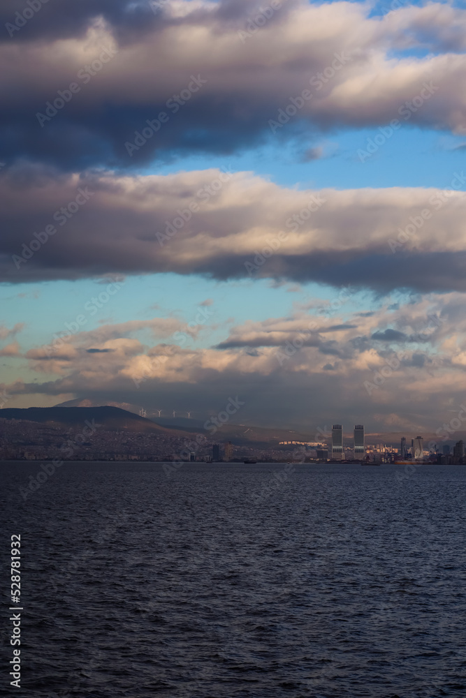 Mountains and the Aegean Sea on the coast of Izmir with copy space