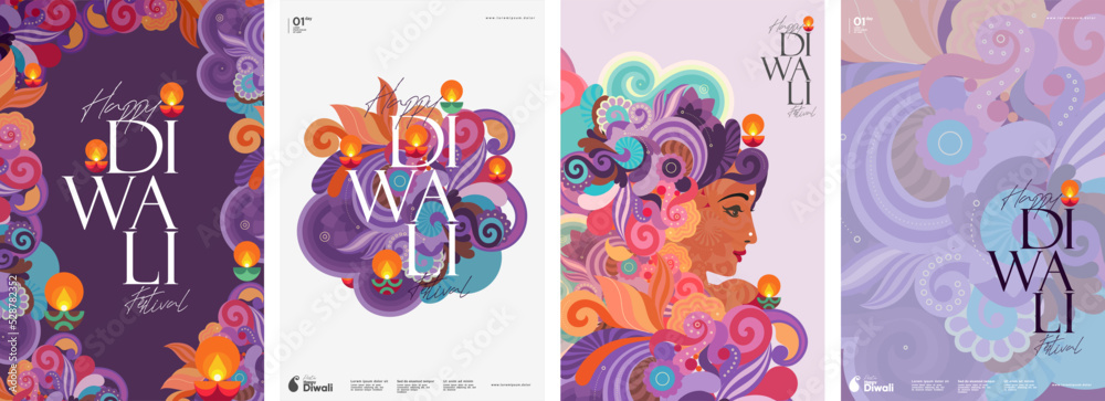 Happy Diwali. Indian festival of lights. Vector Indian ornaments and patterns. Girl's face. - obrazy, fototapety, plakaty 