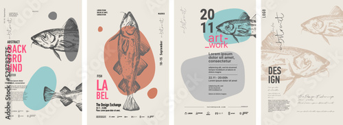 Fish. Set of modern posters. Hand-drawn vector illustration. Typography, Trendy backgrounds for cover, label, banner, exhibition.