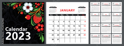 Planner-calendar for 2023 with a cover in the style of Russian Khokhloma, a basic template. The week starts on Monday. Vector illustration