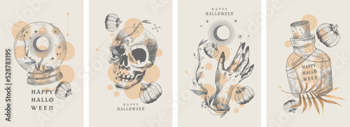 Halloween. Skull. Zombie hand. Elixir. Set of vector hand drawn illustrations. Tattoos, engraving style.