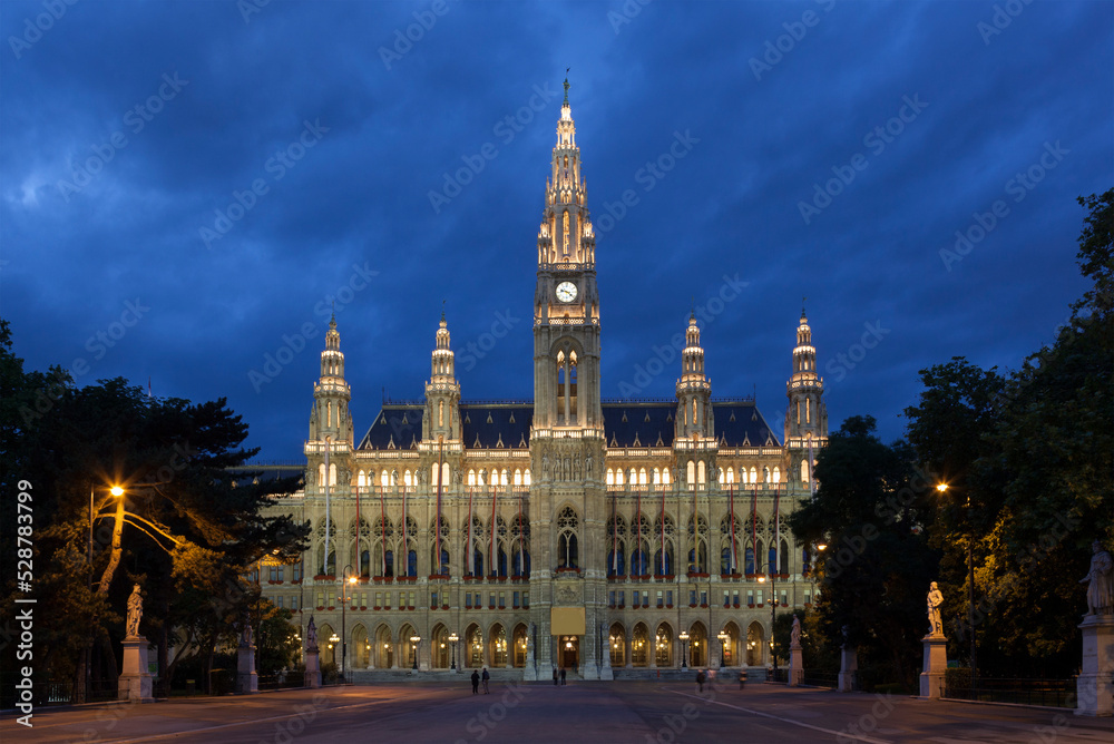 Obraz premium Tall gothic building of Vienna city hall in night, Austria