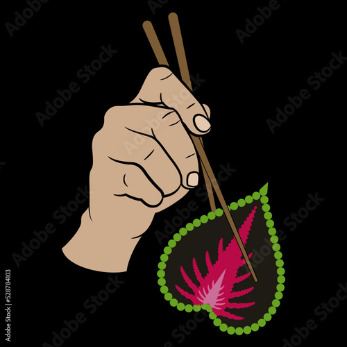 Human hand holding a leaf of Coleus scutellarioides plant with chopsticks. Creative concept. On black background.