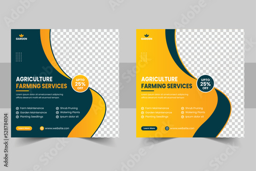 Agricultural and farming services social media post template or Agro farm social media banner and web banner. Lawn or gardening, landscaping service social media post banner and Organic smart farming 