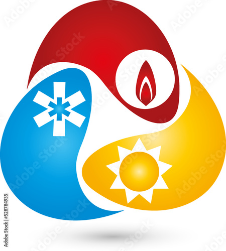 Drei Tropfen mit Sonne, Schnee und Flamme, Klempner, Logo
