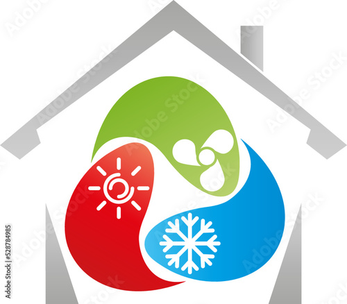 Haus, Drei Tropfen mit Sonne, Schneeflocke und Ventilator, Klimaanlage Logo