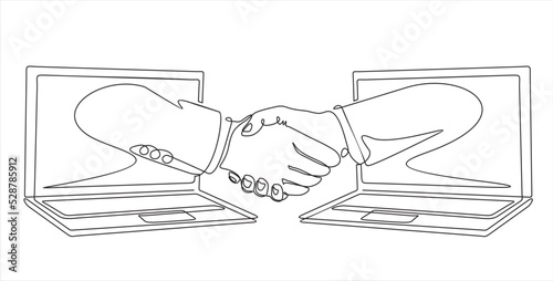 Continuous line drawing of business men shaking hand to deal digital transaction. One line drawing graphic design. vector illustration