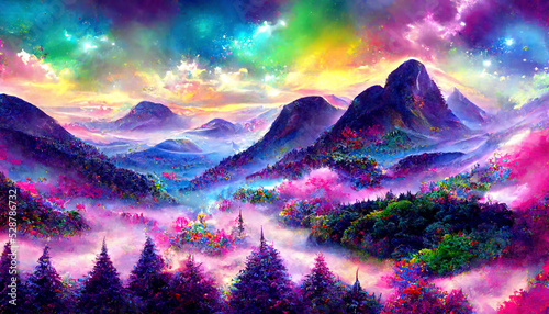 Fantasy landscape where the world is vibrant and full of color. Dreamy surreal concept art. Book illustration, video game artwork background.