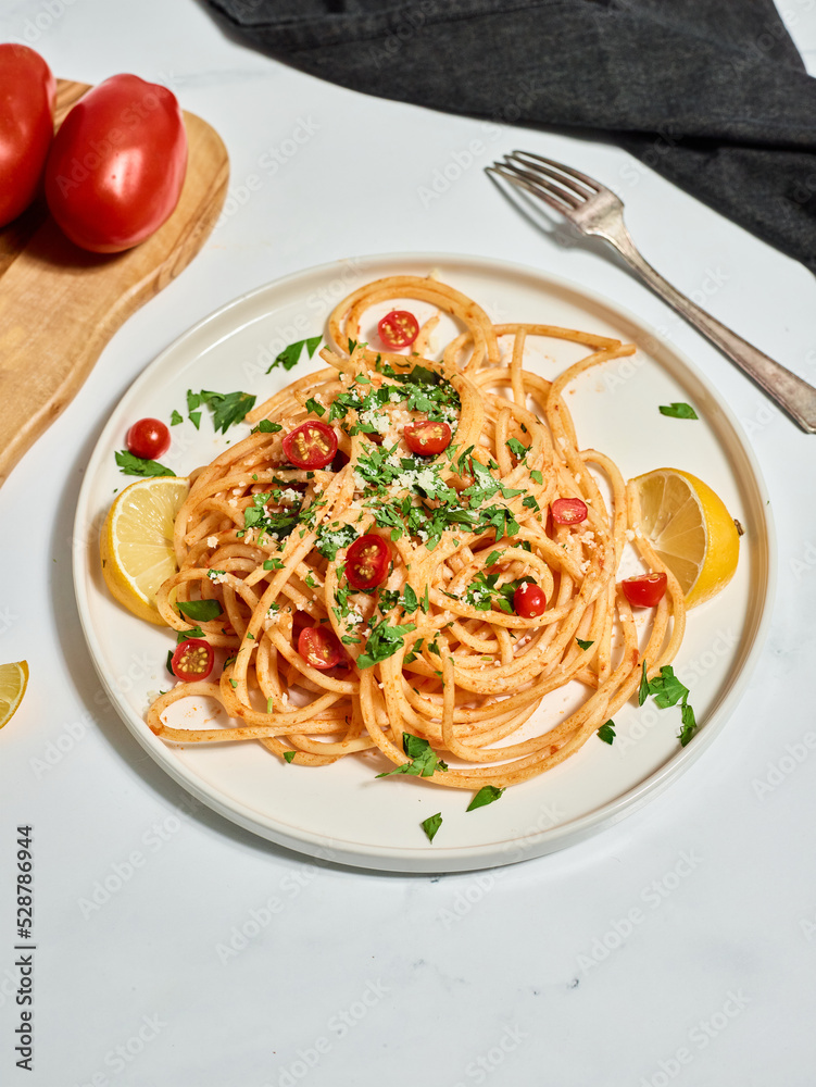 Spaghetti Meal Isolated on Marble Counter Background Spaghetti Meal Isolated on Marble Counter Background