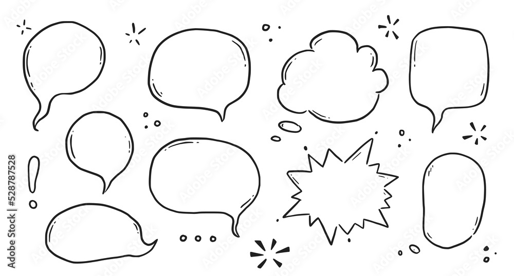 Hand drawn speech bubble set. Sketch comic doodle style speech bubble for text quote. Doodle outline dialog balloon. Vector illustration. Hand drawn speech bubble set. Sketch comic doodle style speech bubble for text quote. Doodle outline dialog balloon. Vector illustration.