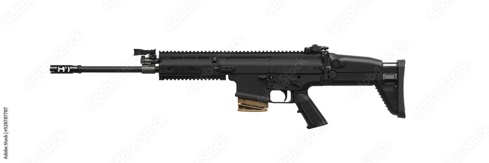 Modern automatic rifle isolated on white. Weapons for police, special forces and the army. Automatic carbine with mechanical sights.