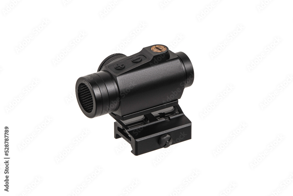 Modern optical collimator sight. Aiming device for shooting at short distances. Isolate on a white back.