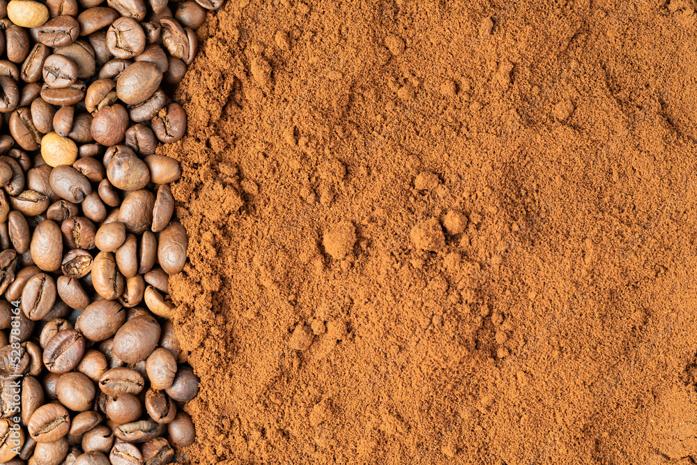 Top view of roasted coffee beans for background and texture. A pile of roasted and ground coffee beans can be used as a background and texture. Top view of roasted coffee beans for background and texture. A pile of roasted and ground coffee beans can be used as a background and texture.