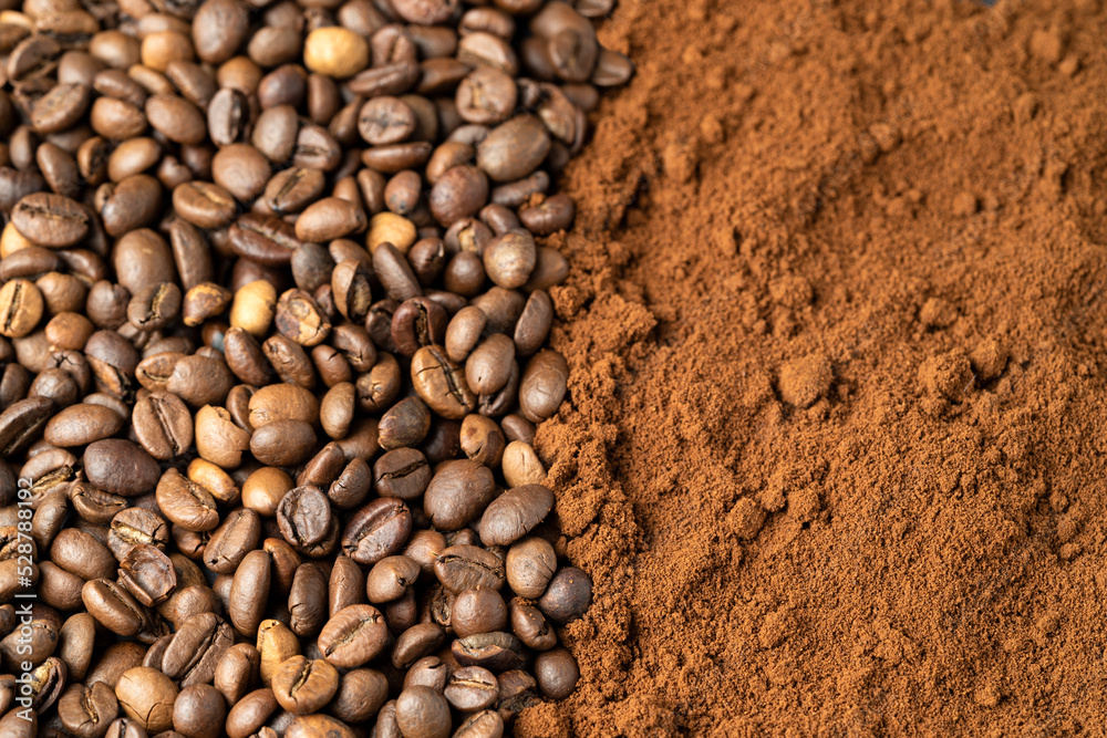Top view of roasted coffee beans for background and texture. A pile of roasted and ground coffee beans can be used as a background and texture. Top view of roasted coffee beans for background and texture. A pile of roasted and ground coffee beans can be used as a background and texture.
