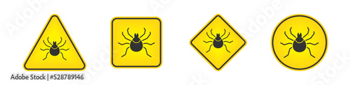 Mite danger icon. Beware of ticks caution signs. Flat vector illustration.