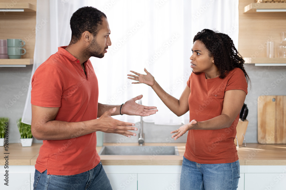 Sad angry young african american guy and lady in same t-shirts quarrel and gesticulate in kitchen interior Sad angry young african american guy and lady in same t-shirts quarrel and gesticulate in kitchen interior