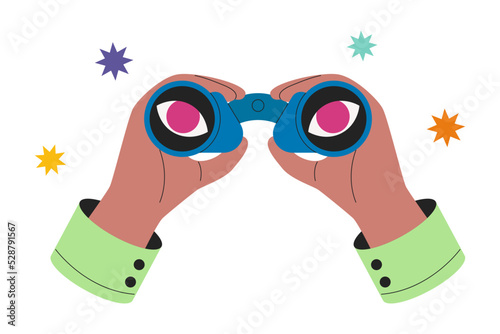 Hands hold binoculars, big pink eyes look forward through lenses. Concept of search, research, vision, view, spying. Future strategy, business opportunity, exploration,  web surfing, target search.