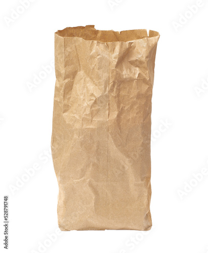 Old and wrinkled brown paper bag on white