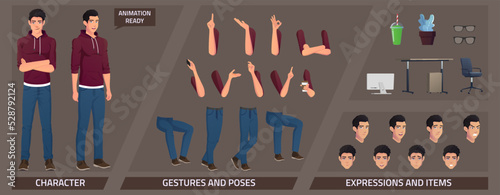 Stylized Characters Set for Animation with Caucasian Man Wearing Hoodie and Some Body Parts and Furnitures
