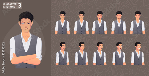 Cartoon Business Man Character Face Expressions and Emotions premium Vector