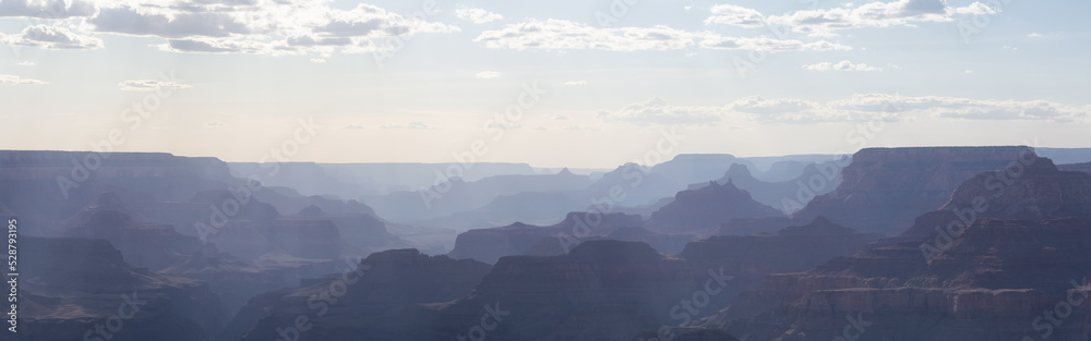 Desert Rocky Mountain American Landscape. Cloudy Sunny Sky. Grand Canyon National Park, Arizona, United States. Nature Background Panorama