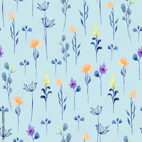 Watercolor romantic seamless pattern on blue background.   Print for fabric, paper, card, stationery