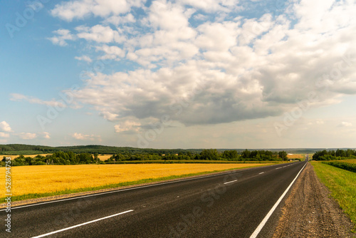 An empty roadway outside the city passes by a rural field and a blooming meadow. Travel by car away from the city and the hustle and bustle. Paved road on a sunny day without cars.