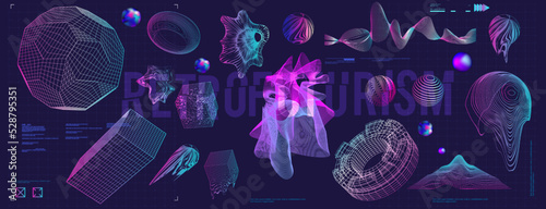 Holographic Retro futuristic 80s-90s
style. Cyberpunk concept. Shapes design elements, Retrofuturism style. Abstract objects and forms with glitch.