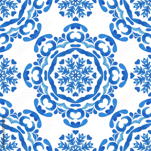 Abstract hand drawn watercolor tile seamless ornamental pattern. Elegant mandala flower for fabric and wallpapers