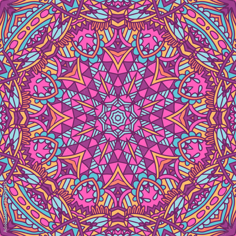 Abstract Mandala medallion colorful indian ethnic seamless pattern ornamental. Arabesque surface design