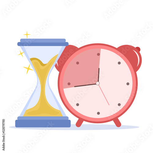 Ending time concept. Hourglass and alarm clock isolated on white background. flat style
