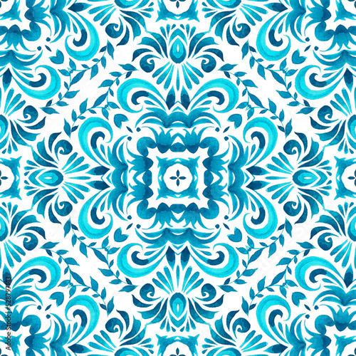 Azulejo spanish tile with flowers. Gorgeous seamless blue floral watercolor pattern tiles. Portuguese style ceramic tile design photo