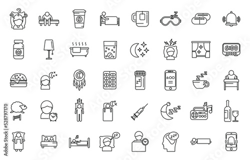 Sleep problems icons set outline vector. Sleep mask. Dream trouble