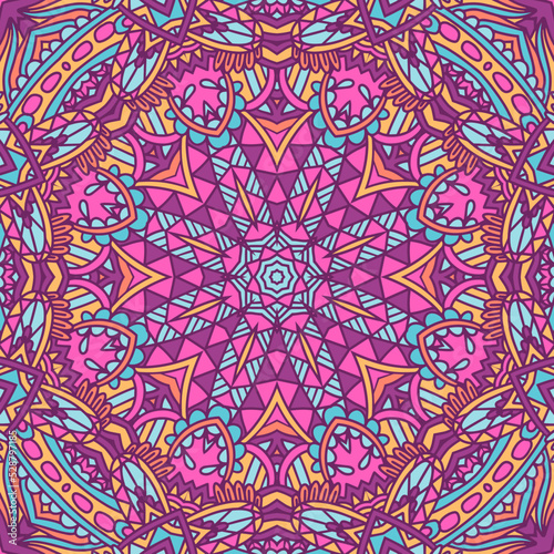 Abstract Mandala medallion colorful indian ethnic seamless pattern ornamental. Arabesque surface design