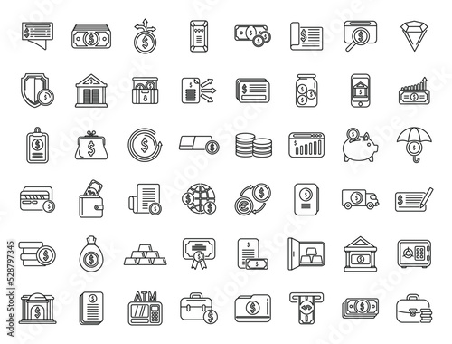 Bank reserves icons set outline vector. Check gold. Money banking
