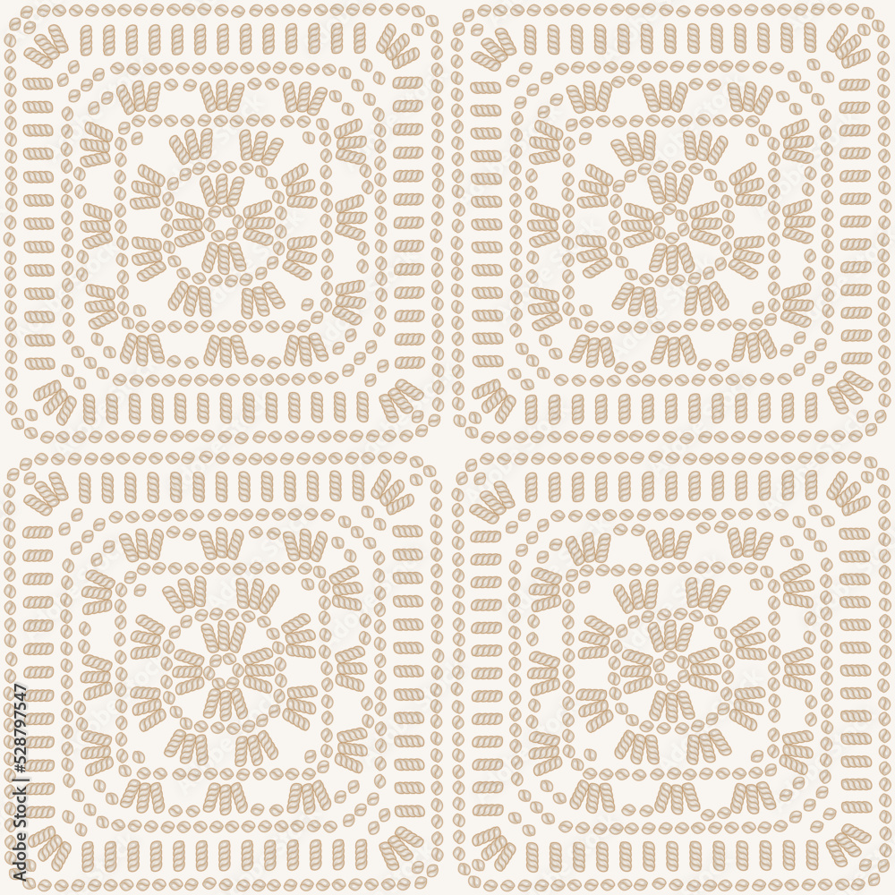 Knitting. Granny Square Crochet. Beige Knitted Squares Seamless Pattern. Crochet Cozy Blanket. Old Fashioned Monochrome Background Great for Plaids and Pillows. Vector illustration