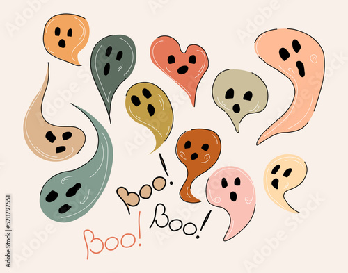 Ghosts boho set vector illustration with text Boo isolated on white background. Different shapes, colors and sizes. Muted colors with black and white outline flat doodle style design