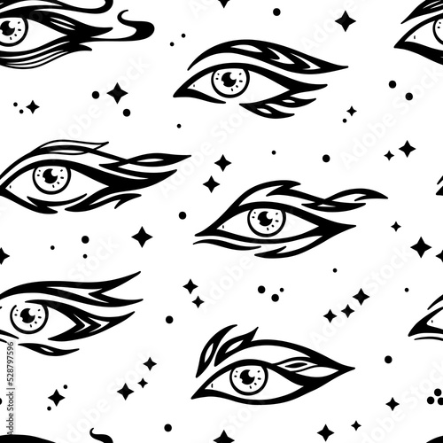 Trendy Creative Eyeliner Seamless pattern. Stylish Makeup Look ideas. Beautiful Woman Eyes with Various Types of eyeliner. Vector Black and White Background