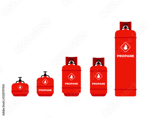 Red cylinder set in flat style. Gas propane transportation cylinders.