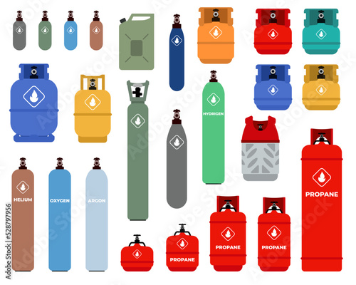 Different types and colorful gas cylinders set. Flat style.