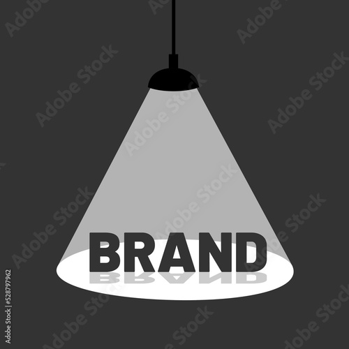 Brand is in the spotlight - brand awareness and brand recognition. Name of company is discovered and explored. Marketing, promo and advertising. Vector illustration. 