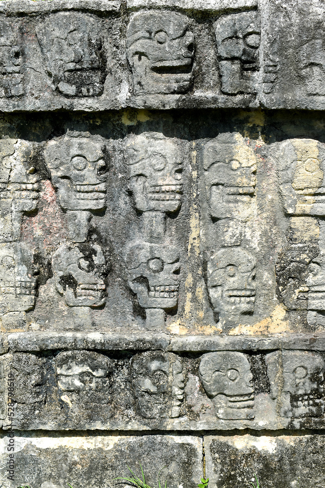 Close-up view of the walls in the Mayan ruins at Chichén Itzá, Mexico