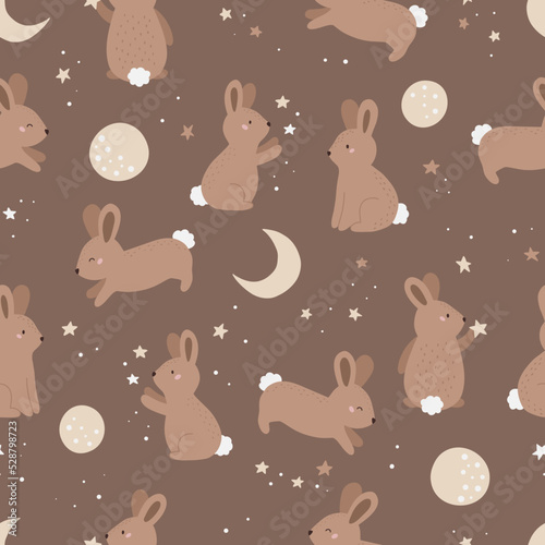 Childish seamless pattern with cute rabbits  stars and moons on brown background. Neutral beige colors. Cartoon bunny. Flat style vector illustration.