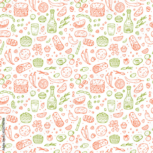 Mexican tradition Food Vector Seamless pattern. Hand drawn doodle Tequila, corn tortilla, taco, burritos, guacamole, nachos corn chips, Vegetables